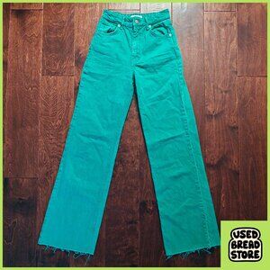 Zara Women's Wide Leg Green Denim Jeans High Rise 5-Pocket Raw Hem Size 0 Casual